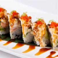 Spicy Girl Maki · Cooked spicy salmon, topped with unagi, avocado, eel sauce, and spicy mayo.