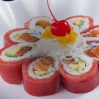 Cherry Blossom · Salmon, avocado, and tempura crumbs, topped with tuna.