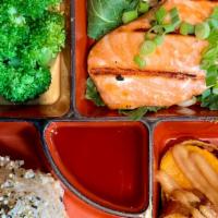 Salmon Bento · grilled salmon & yuzu sauce, broccoli & orange fennel vinaigrette & miso sauce, sweet potato...