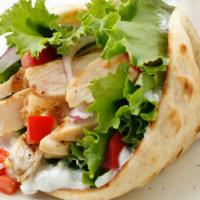 Chicken Gyro · Served with toppings and garlic sauce.
