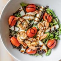 Mario'S Signature Salad · Spring Mix, Romaine Lettuce, Fresh Mozzarella, Cherry Tomatoes, Jumbo Shrimp, Extra Virgin O...