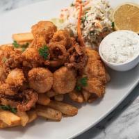Captain'S Platter · crispy cod, scallops, shrimp, calamari, spicy ketchup, tartar sauce, charred lemon, fries