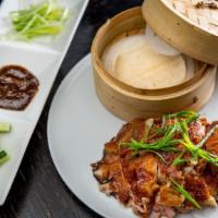 Peking Duck Dinner (For 4) · Whole Peking Duck, bao buns, mu shu pancakes, cucumber, scallions, Steamed Edamame, Small Cr...