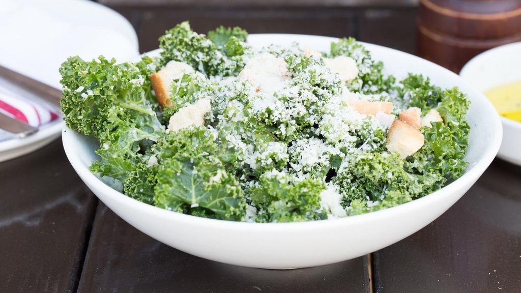 Family Kale Caesar Salad · (feeds 3-4 people) kale, crostini-crouton, parmesan, balsamic-caesar dressing