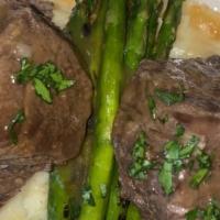 Braised Short Rib · Red wine slow braised short rib with a savory demi glace, whipped potatoes, grilled asparagu...