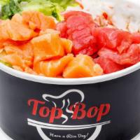 Poke Bop · *Tuna, *Salmon, crabmeat (imitation), rice, lettuce. Default Sauce: Level 3