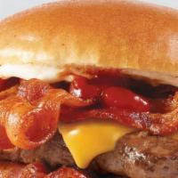 Bacon Cheeseburger · Hot and juicy, 1/4 lb. burger served on a buttery Kaiser roll with a slice of American chees...
