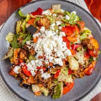 Eggplant Salad · Diced eggplant mixed with mixed green, tomatoes, red peppers, onions, fresh basil and choppe...