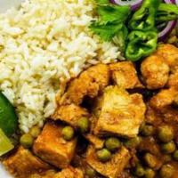Chicken Tikka Masala · This Indian style dish includes pan-seared white chicken breast, cauliflower, peas and rice ...