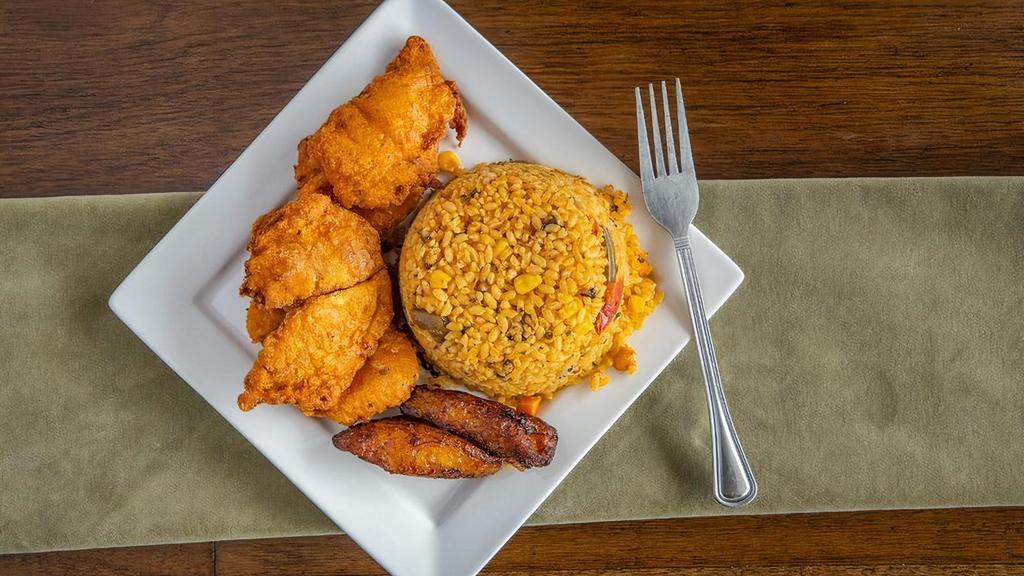C4 Chicken Wings Or Crackling Chicken · [ GLUTEN-FREE ] Slow-roasted and marinated in citrus juices and spices. Served with your choice of rice and plantains.
