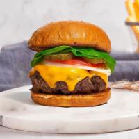 Cheese For A New Century Burger · American beef patty topped with melted cheese, lettuce, tomato, onion, and pickles. Served o...