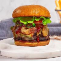 Buy Me A Bbq Burger · American beef patty topped with melted cheese, barbecue sauce, and caramelized onions. Serve...
