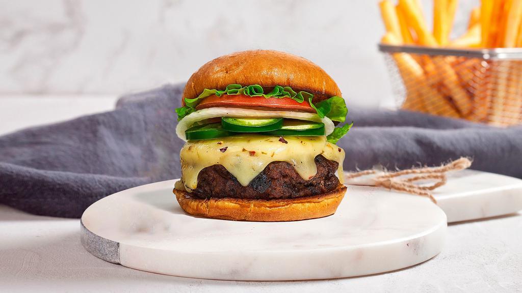 I Live For The Jalapeno Burger · American beef patty topped with melted cheese, jalapenos, lettuce, tomato, onion, and pickles. Served on a fresh Kaiser roll.