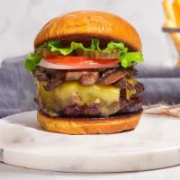 Heart Shiitake Burger · American beef patty topped with mushrooms, melted cheese, lettuce, tomato, onion, and pickle...