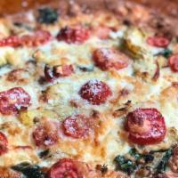 Roma Pizza · Alfredo sauce, fresh spinach, tomatoes, artichoke hearts and garlic.
