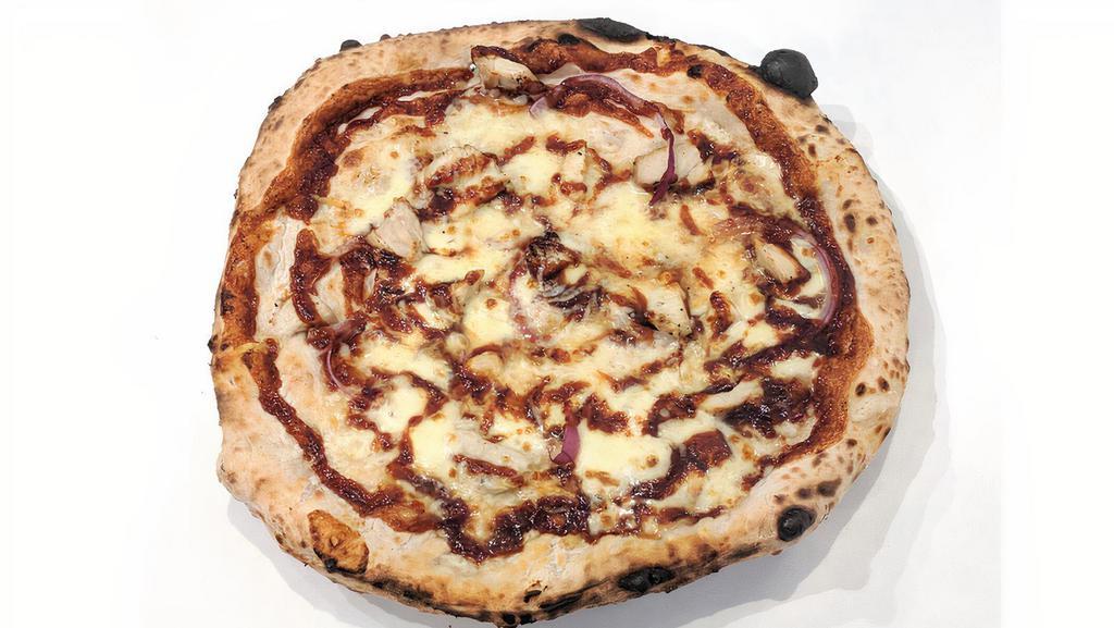 Bbq Chicken Pizza · White pizza with BBQ sauce, fresh mozzarella, Asiago, red onion