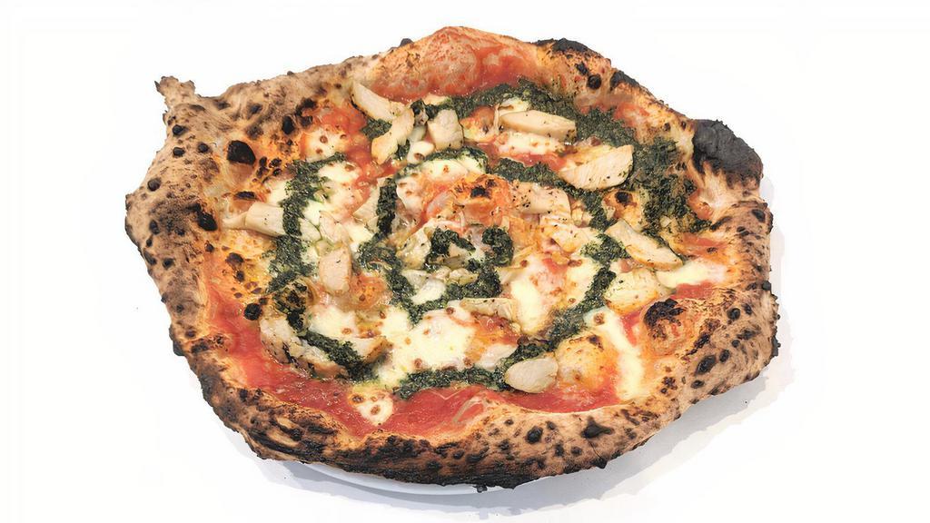 Pesto Pollo Pizza · Red pizza with chicken, fresh mozzarella, basil pesto