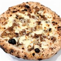 Carmine Pizza · White pizza with caramelized onion, roasted garlic, Gorgonzola, mozzarella