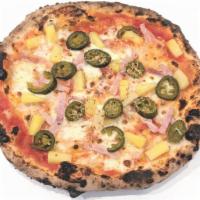 Hot Hawaiian Pizza · Red pizza with fresh mozzarella, ham, pineapple, jalapeños