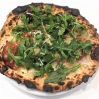 Rucola Pizza · White pizza with prosciutto, Asiago, fresh mozzarella, topped with arugula, lemon, olive oil...