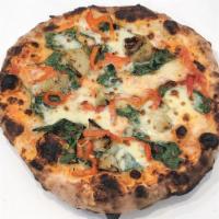 Carciofo Pizza · Red pizza with artichoke, roasted red peppers, spinach, fresh mozzarella