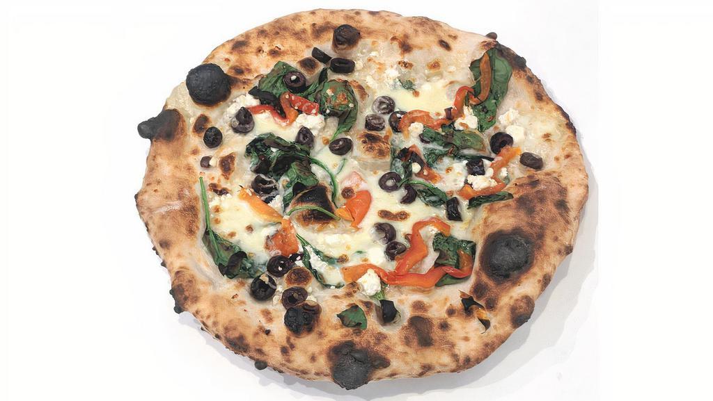 Spinaci Pizza · White pizza with spinach, roasted red peppers, olives, goat cheese, mozzarella