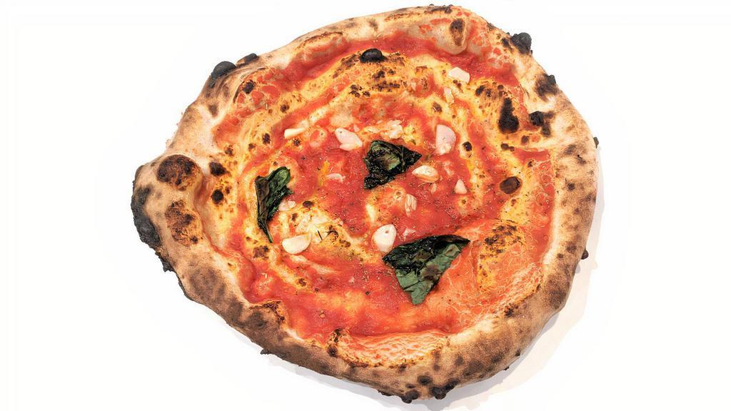 Marinara Pizza · Red pizza with San Marzano tomato sauce, garlic, basil, extra virgin olive oil (no cheese)