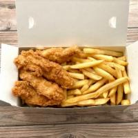 Chicken Tenders + Fries · 3 pcs hand battered chicken tenders with your choice of 2 dipping sauce and fries.