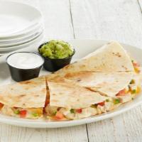 Chicken Quesadilla · Grilled chicken, melted cheddar and pepper jack cheese served with pico de gallo, guacamole ...