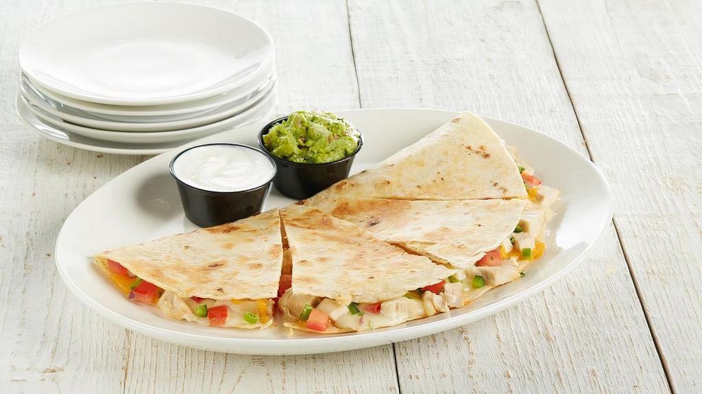 Chicken Quesadilla · Grilled chicken, melted cheddar and pepper jack cheese served with pico de gallo, guacamole and sour cream.