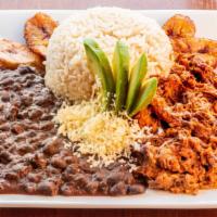 Venezuelan Traditional Dish / Pabellón Criollo · Choose the meat, white rice, black beans, fried ripe plantains, white Spanish cheese, avocad...