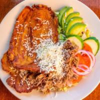 Green Fried Plantains With Everything / Patacones Con Todo · Choose the meat, garden salad, white Spanish cheese and avocado /
Escoja la carne, ensalada,...