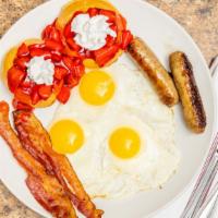 Breakfast Combo 1 · All combos served with 6 oz juice, 2 slices of bacon, and sausage link or 1 patty. Two eggs ...