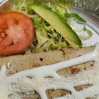 Flour Quesadilla · Flour tortilla stuffed with mozzarella cheese and your choice of meat. Topped with lettuce, ...