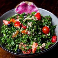Kale & Quinoa · Vegan. Gluten sensitive.  Strawberries | grapes | blueberries
Tri-color quinoa | candied pec...