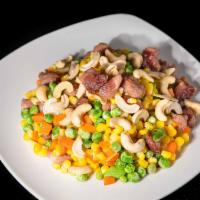 P4 Coloful Pork With Cashew Nuts · Pork, corn, peas and carrots, cashew nuts.