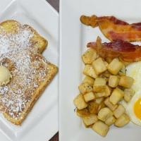 Double Down · Two slices of French toast, two *eggs and a choice of two pieces of bacon, pork or turkey sa...
