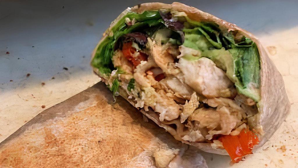 Meditado Wrap · Grilled chicken, avocado, roasted red peppers and lettuce in a wheat wrap.
