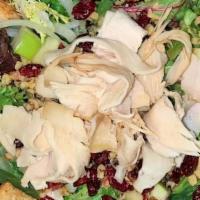 Thanksgiving Salad · Grilled turkey, dried cranberries, onions, apples, walnuts, over mixed greens. Side of raspb...