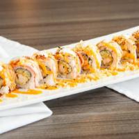 Snow White · Shrimp tempura, cucumber roll topped with crab, spicy mayonnaise, eel sauce, and crunchy.