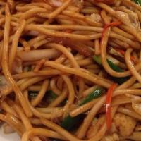 Chicken Lo Mein · Egg noodle with celery scallions onions carrots and napa in soy.