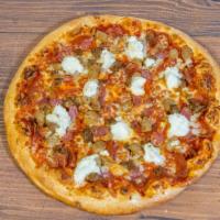 Spicy Italian (Large) · Pepperoni, sausage, salami and meatballs on top of a spicy marinara with some ricotta on top.