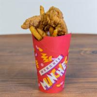 Kids Chicken Tenders · Half a cup of fries and two chicken tenders.