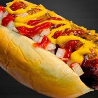 American Dog  · bun, sausage, mozzarella cheese, relish, onion. Sauces: ketchup, mustard.