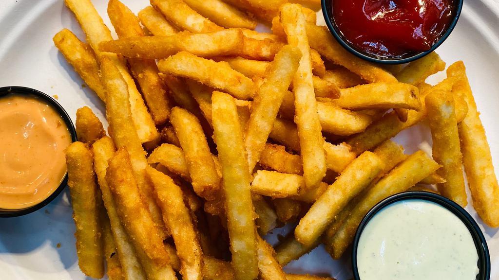 French Fries · crispy classic french fries. Sauces: pink, house.