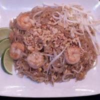 Pad Thai · National dish of Thailand. Thin rice noodles, egg, bean sprouts, crushed peanuts.
