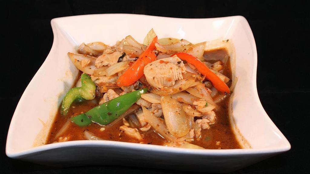 Basil Entree · Sliced onions and bell peppers simmered in a basil sauce and served with a side of jasmine rice.
