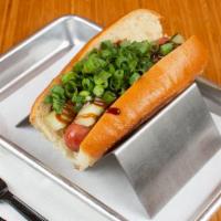 Duck Duck Dog · Gluten free available. Hoisin sauce, pickled cucumbers, green onions.
