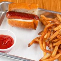 Kid Dog Meal · Plain hot dog with small side of fries with ketchup and juice box