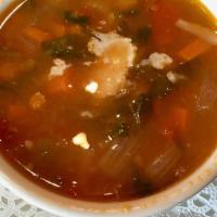 Soup Du Provence · WHITE BEANS, COLLARDS GREENS, FIRE ROASTED TOMATOES, CARROTS, CELERY, ONIONS TOPPED WITH PAR...